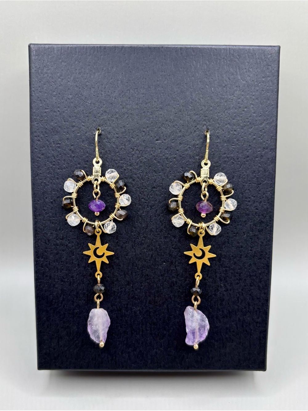 🌚💜Black Obsidian Amethyst Clear Quartz Starburst Moon Earrings